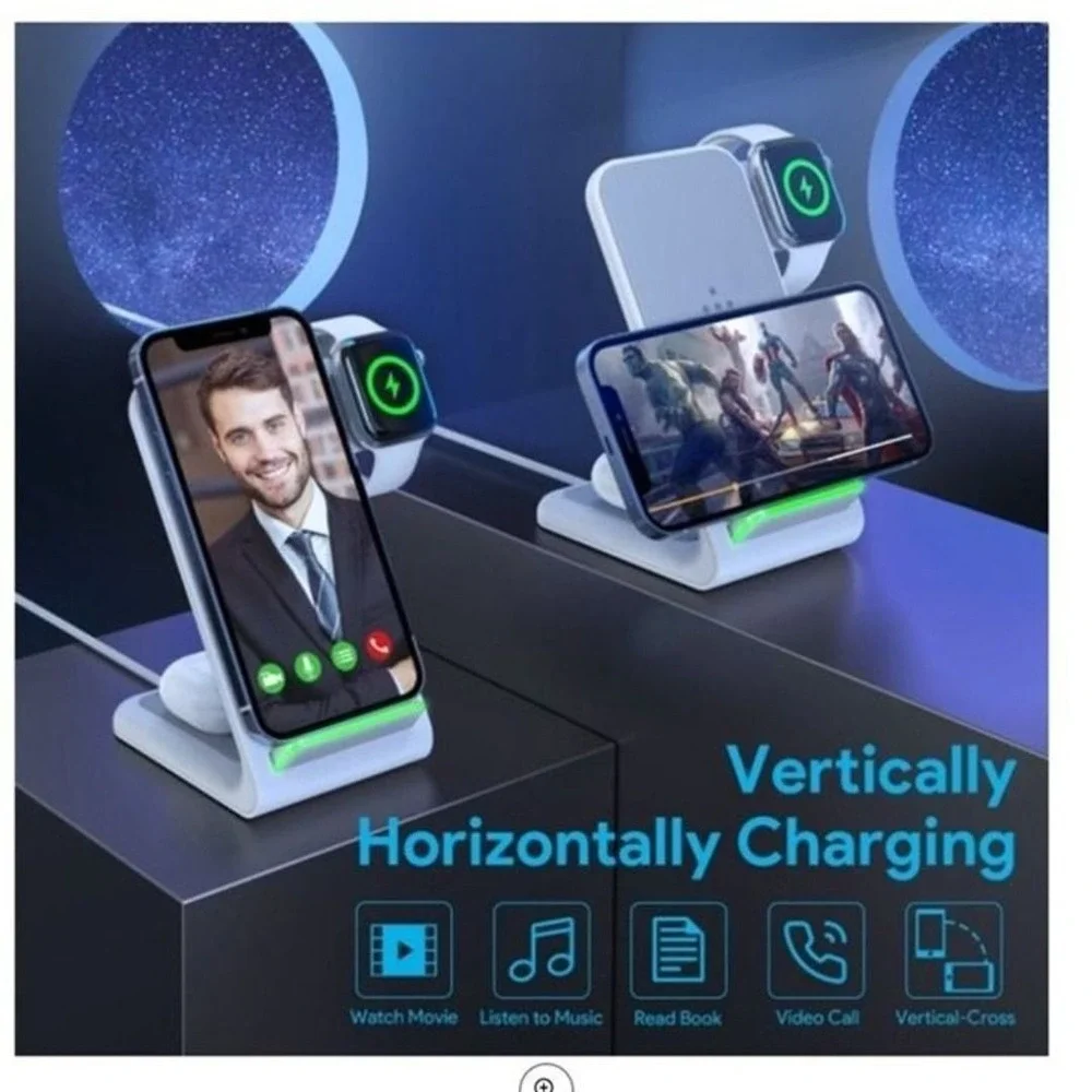 3 in 1 Wireless Charging Station with QC 3.0 Adapter Compatible with iWatch